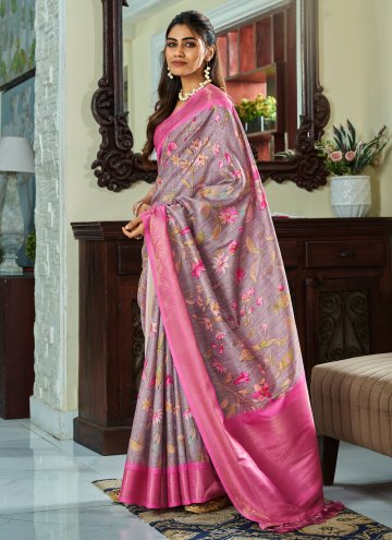 Beautiful Grey and Pink Handloom Silk Floral Print