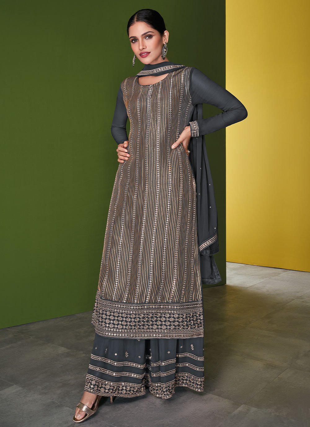 Beautiful Grey Pure Georgette Embroidered Salwar Suit