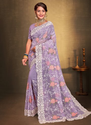 Beautiful Lavender Georgette Embroidered Contemporary Saree