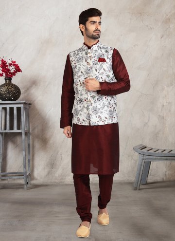 Beautiful Maroon and Off White Banarasi Printed Kurta Payjama With Jacket for Engagement