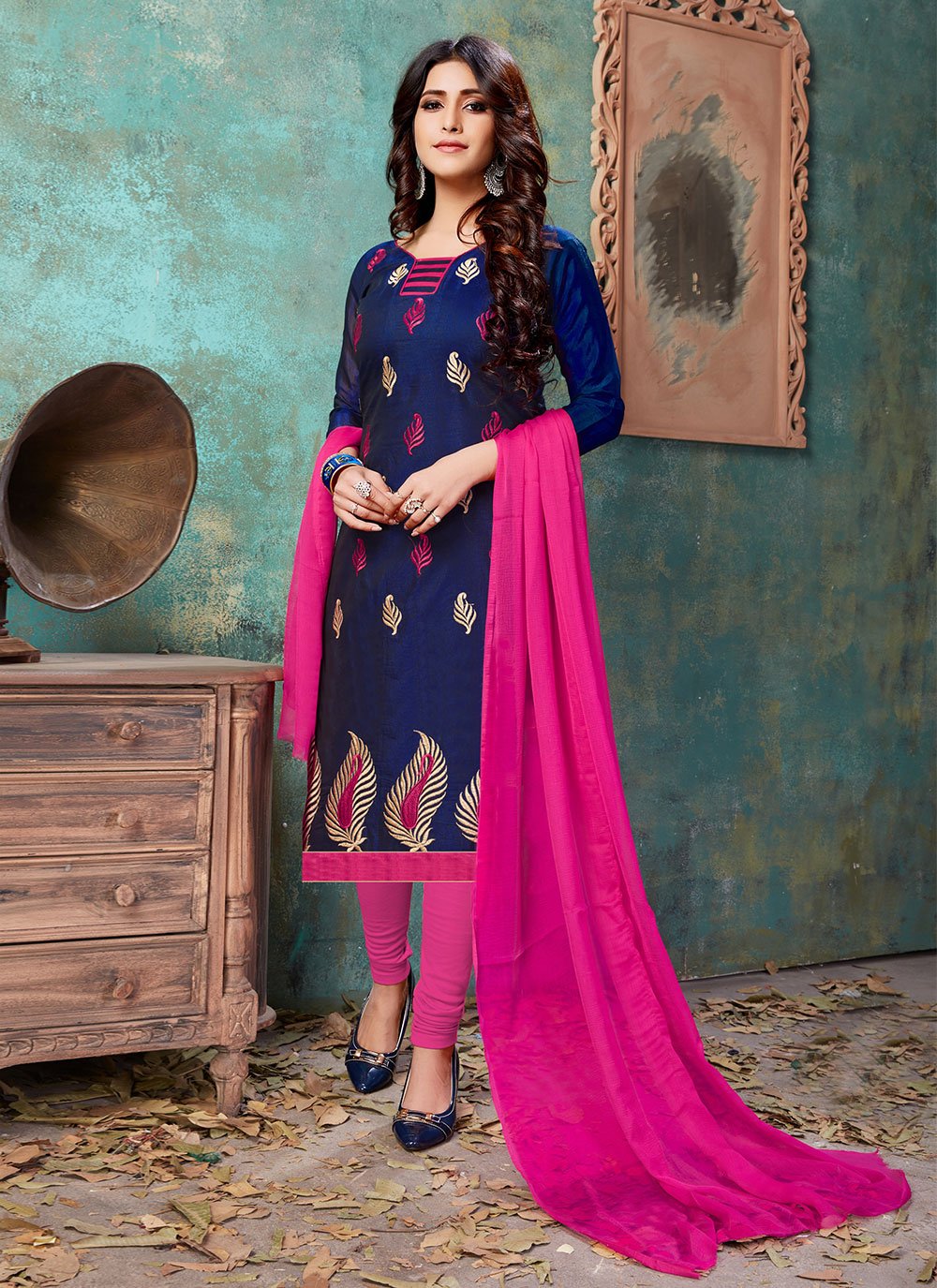 Beautiful Navy Blue Cotton  Embroidered Salwar Suit