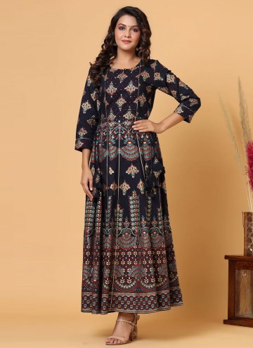 Beautiful Navy Blue Cotton  Printed Gown for Cerem