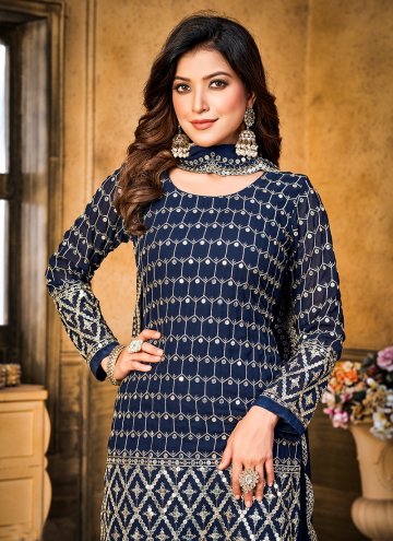 Beautiful Navy Blue Faux Georgette Embroidered Trendy Salwar Kameez for Engagement