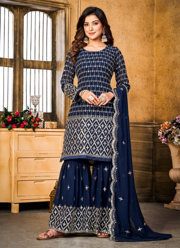 Beautiful Navy Blue Faux Georgette Embroidered Trendy Salwar Kameez for Engagement