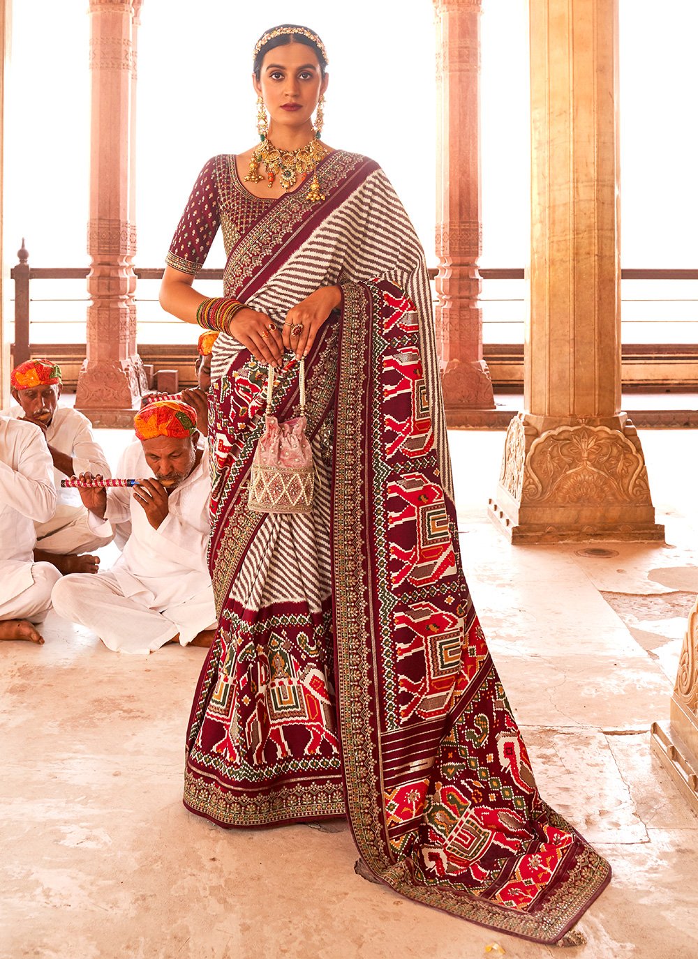 Beautiful Off White Patola Silk Woven Traditional Saree