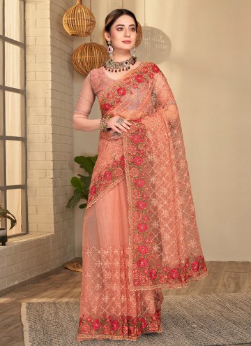 Beautiful Peach Net Embroidered Designer Saree