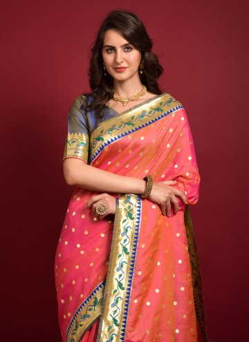 Beautiful Peach Silk Woven Contemporary Saree for Engagement