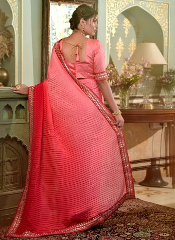 Beautiful Pink and Red Chinon Embroidered Contemporary Saree