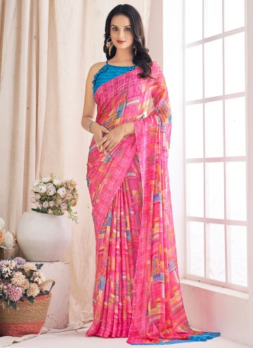 Beautiful Pink Chiffon Printed Classic Designer Saree