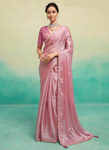 Beautiful Pink Chiffon Satin Border Designer Saree