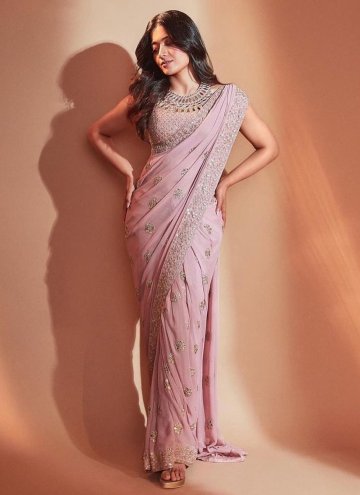Beautiful Pink Georgette Embroidered Classic Designer Saree for Casual