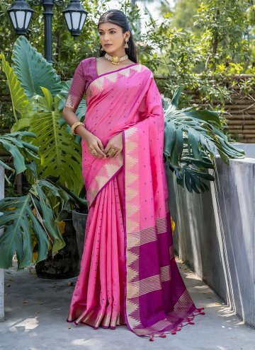 Beautiful Pink Raw Silk Woven Contemporary Saree