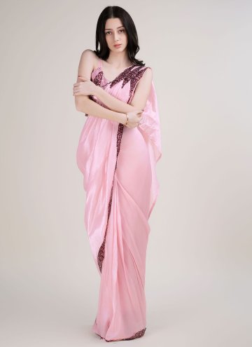 Beautiful Pink Satin Silk Border Contemporary Sare