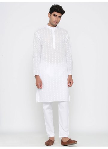 Beautiful Plain Work Cotton  White Kurta Pyjama