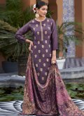 Beautiful Purple Pure Silk Jacquard Work Palazzo Suit - 3