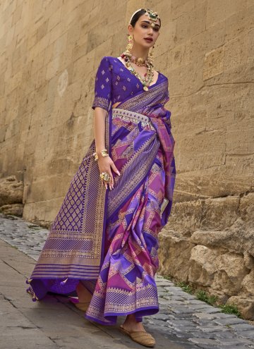 Beautiful Purple Silk Fancy work Contemporary Sare