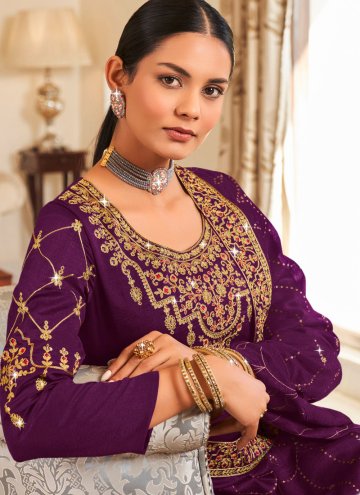 Beautiful Purple Vichitra Silk Embroidered Trendy Salwar Suit