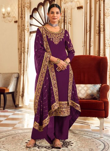 Beautiful Purple Vichitra Silk Embroidered Trendy 