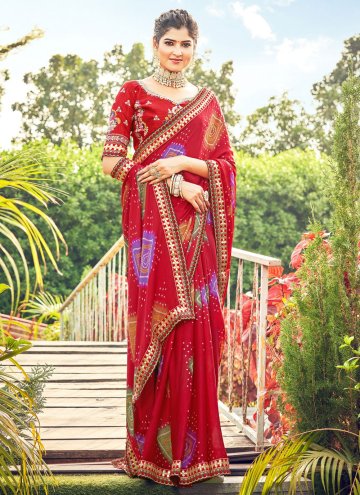 Beautiful Red Chiffon Embroidered Classic Designer Saree
