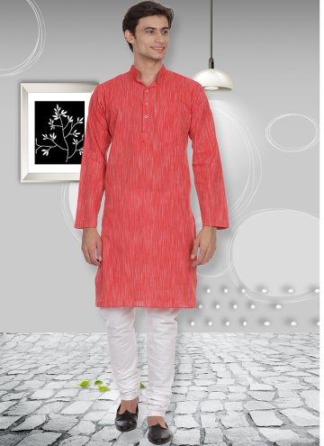 Beautiful Red Cotton  Plain Work Kurta Pyjama for Casual