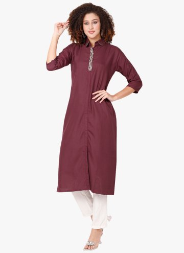 Beautiful Wine Blended Cotton Embroidered Casual Kurti for Casual