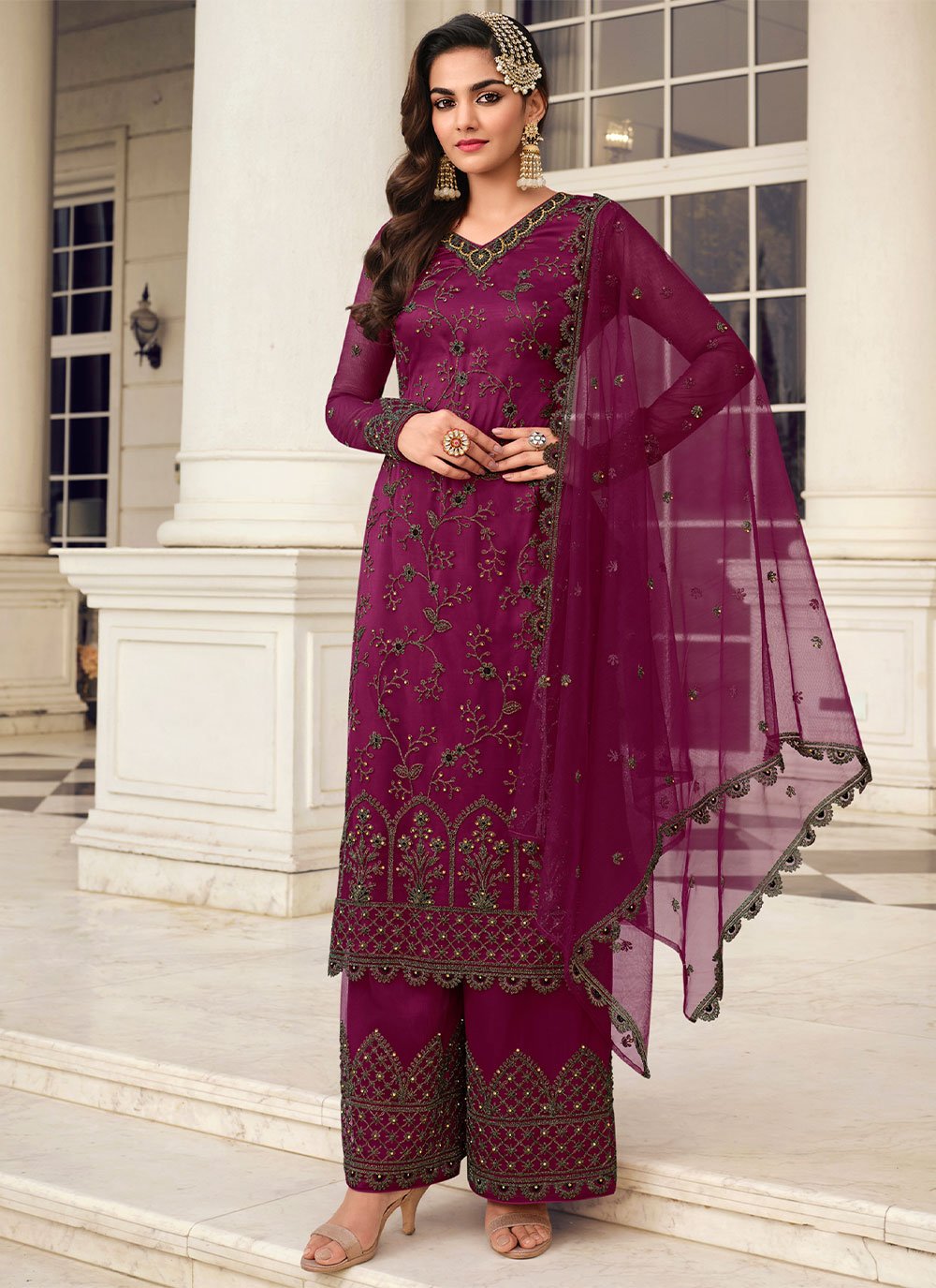 Beautiful Wine Net Embroidered Pakistani Suit
