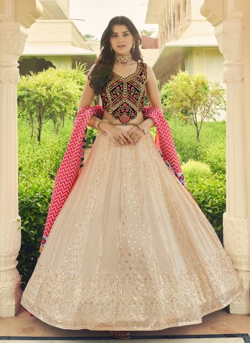 Beige A Line Lehenga Choli in Georgette with Embroidered