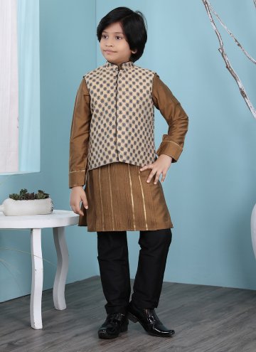 Beige and Brown Cotton Silk Printed Kurta Payjama With Jacket