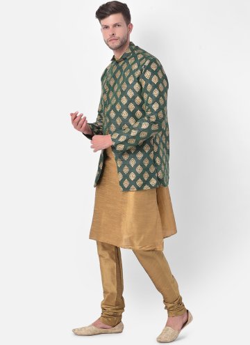 Beige and Green Art Dupion Silk Fancy work Kurta Payjama With Jacket