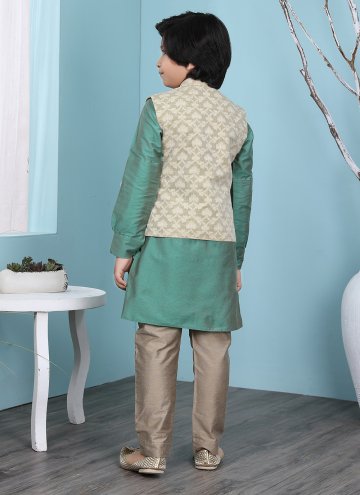 Beige and Green Cotton Silk Printed Kurta Payjama With Jacket