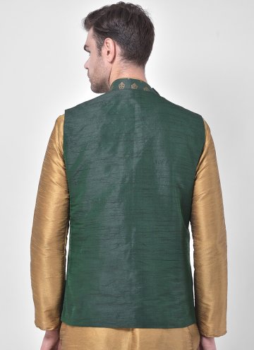 Beige and Green Kurta Payjama With Jacket in Art Dupion Silk with Fancy work