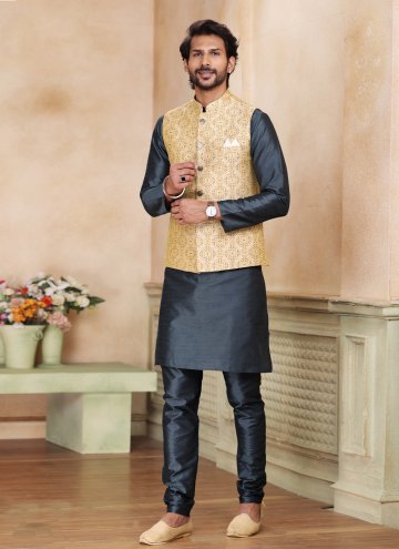 Beige and Grey color Jacquard Silk Kurta Payjama With Jacket with Fancy work