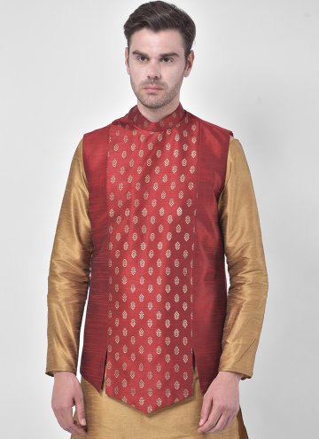 Beige and Maroon color Art Dupion Silk Kurta Payjama With Jacket with Fancy work