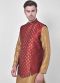 Beige and Maroon color Art Dupion Silk Kurta Payjama With Jacket with Fancy work - 3