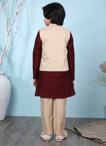 Beige and Maroon Cotton Silk Jacquard Work Kurta Payjama With Jacket