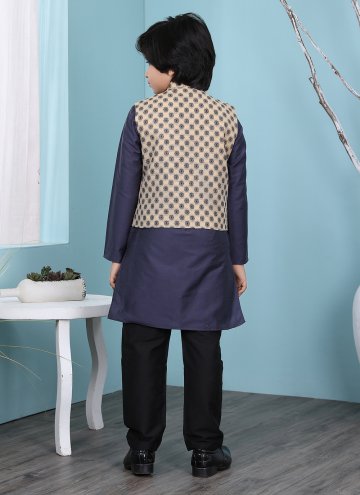 Beige and Navy Blue Cotton Silk Printed Kurta Payjama With Jacket
