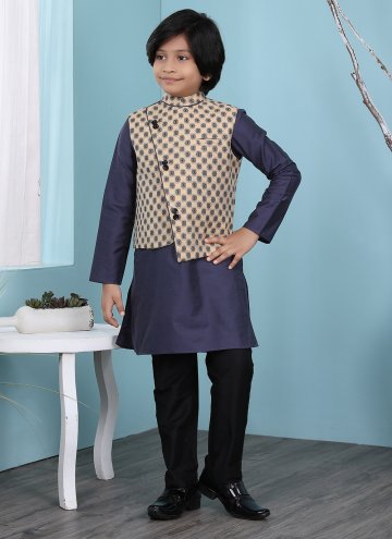 Beige and Navy Blue Cotton Silk Printed Kurta Payjama With Jacket