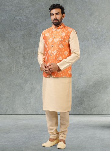 Beige and Orange Banarasi Jacquard Work Kurta Payjama With Jacket for Ceremonial