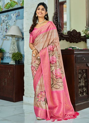 Beige and Pink Trendy Saree in Handloom Silk with Floral Print