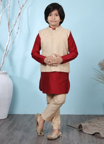 Beige and Red Cotton Silk Jacquard Work Kurta Payjama With Jacket