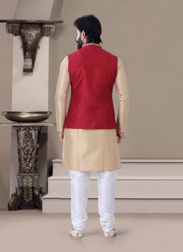 Beige and Red Kurta Payjama With Jacket in Silk with Embroidered