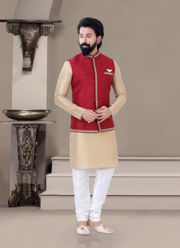 Beige and Red Kurta Payjama With Jacket in Silk with Embroidered