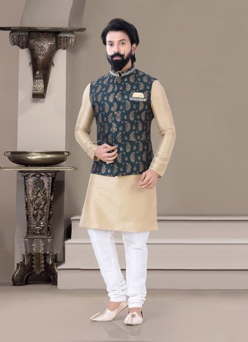 Beige and Teal color Jacquard Kurta Payjama With Jacket with Embroidered