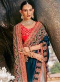 Beige and Teal Fancy Fabric Embroidered Half N Half Designer Saree for Ceremonial - 1