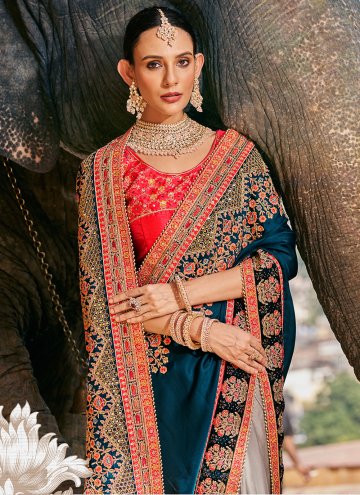 Beige and Teal Fancy Fabric Embroidered Half N Half Designer Saree for Ceremonial