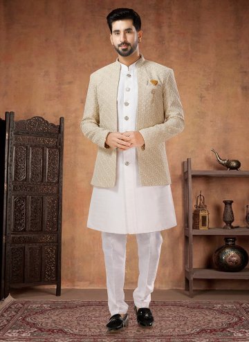 Beige and White Indo Western in Silk with Embroide