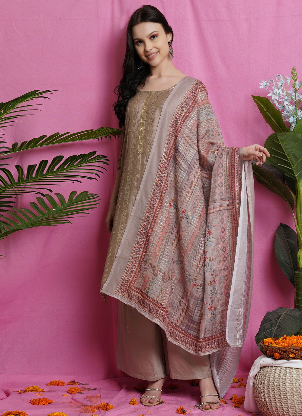 Beige Art Silk Digital Print Trendy Salwar Suit