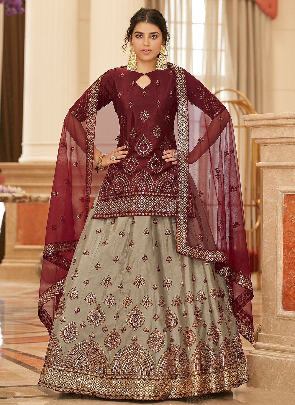 Beige Chinon Embroidered A Line Lehenga Choli for Ceremonial
