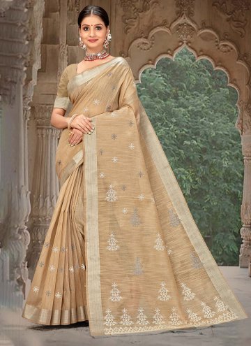 Beige Classic Designer Saree in Linen with Embroidered