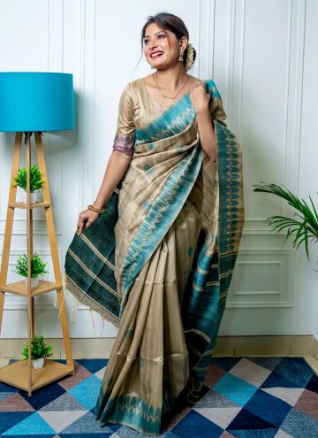 Beige Classic Designer Saree in Tussar Silk with D